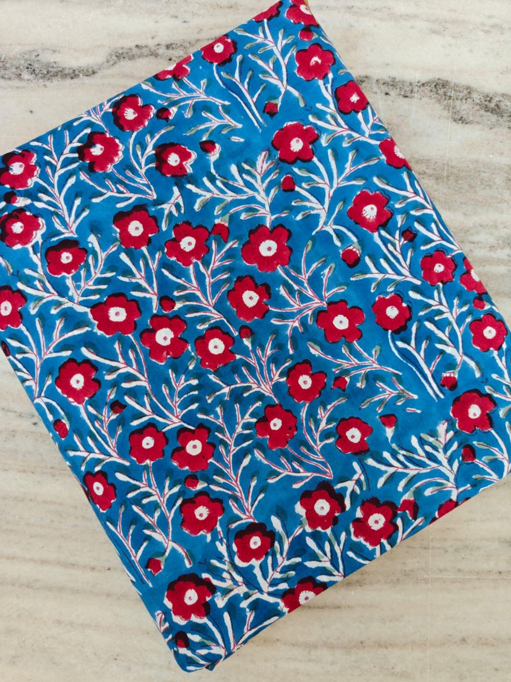 Blue Floral Cotton Fabric, Hand Block Print Fabric, Red Flower Cotton Cloth, Indian Cotton Dressmaking Fabric Quilting Fabric by Yard Sarong