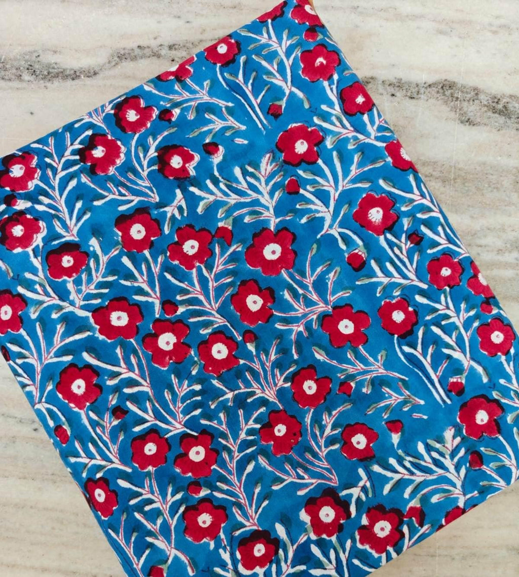 Blue Floral Cotton Fabric, Hand Block Print Fabric, Red Flower Cotton Cloth, Indian Cotton Dressmaking Fabric Quilting Fabric by Yard Sarong