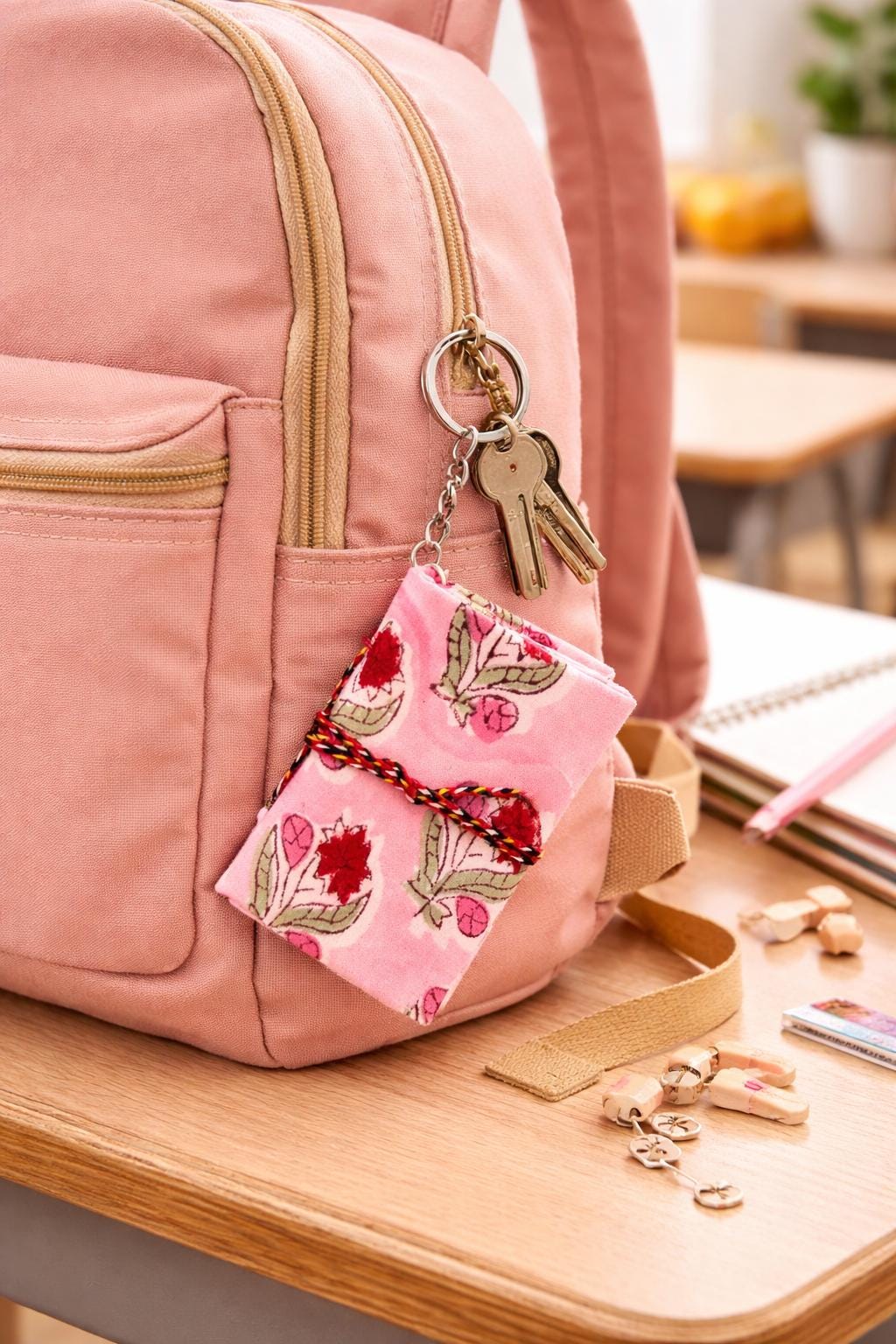 Handmade Mini Fabric Diary Keychain, Floral Cotton Pocket Journal, Cute Small Notebook, Gift for Girls, Travel Diary, Purse Charm Notebook