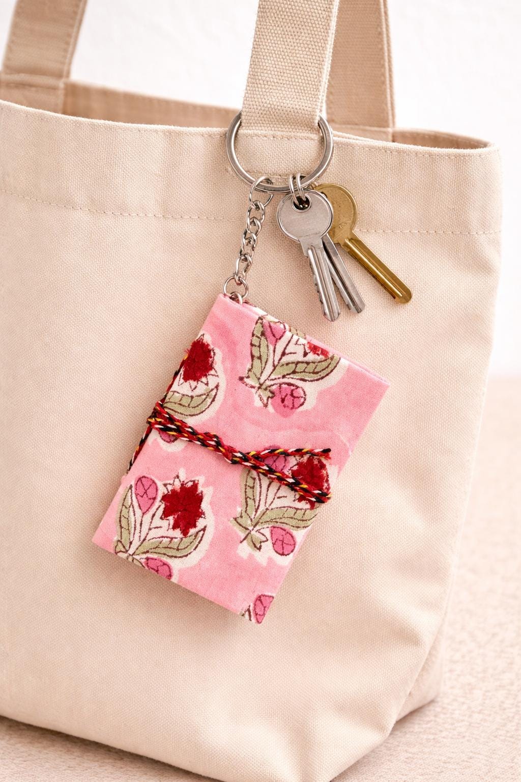 Handmade Mini Fabric Diary Keychain, Floral Cotton Pocket Journal, Cute Small Notebook, Gift for Girls, Travel Diary, Purse Charm Notebook