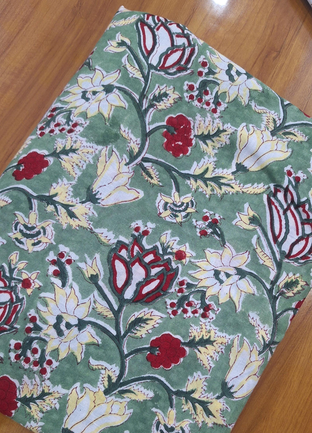 Green Floral Cotton Fabric, Hand Block Print Fabric, Indian Cotton Cloth, Soft Lightweight Fabric for Dressmaking, Quilting & DIY Crafts