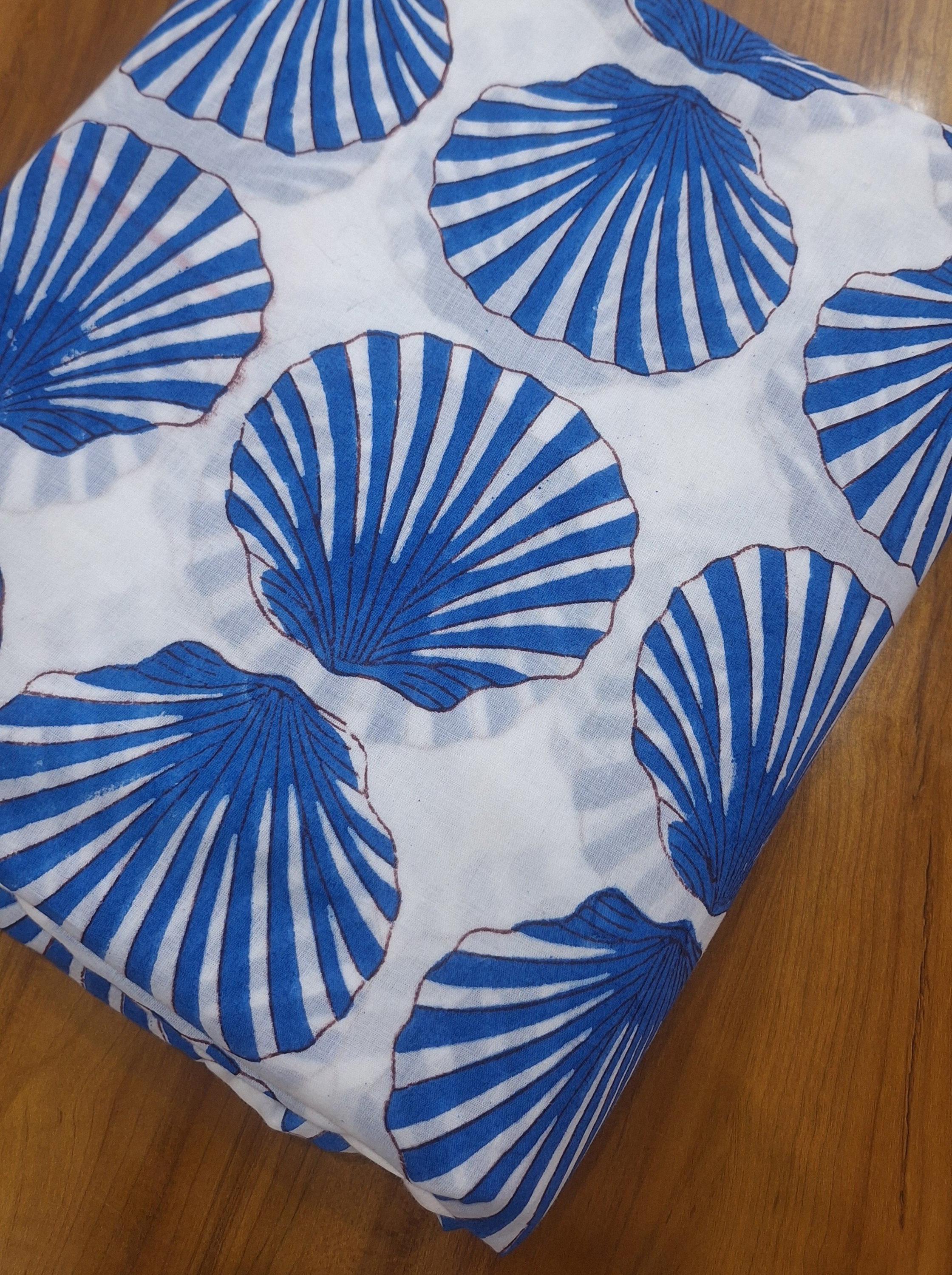 Hand Block Print Cotton Fabric, Blue Seashell Pattern, Soft Lightweight Cotton, Coastal Beach Fabric by the Yard, Ocean Theme Textile