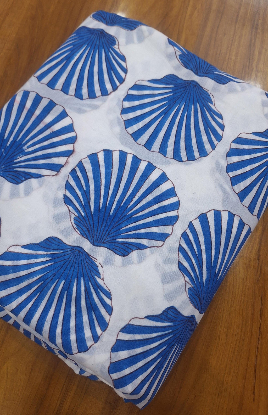 Hand Block Print Cotton Fabric, Blue Seashell Pattern, Soft Lightweight Cotton, Coastal Beach Fabric by the Yard, Ocean Theme Textile
