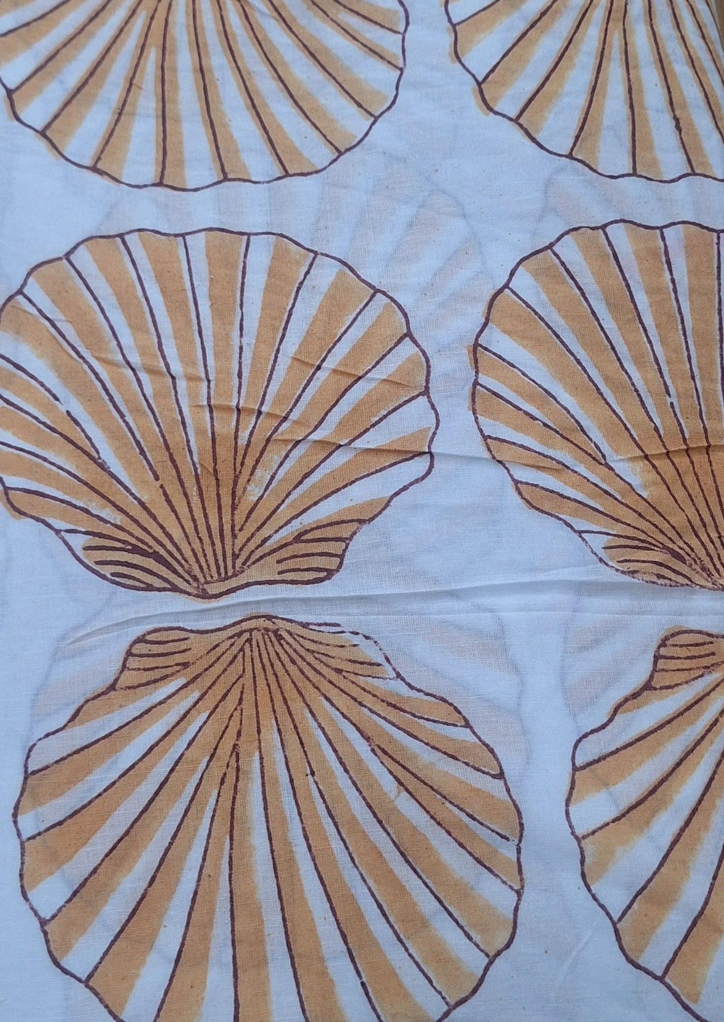 Hand Block Print Cotton Fabric, Beige Seashell Pattern, Soft Lightweight Cotton Cloth, Coastal Beach Fabric by the Yard, Ocean Theme Textile