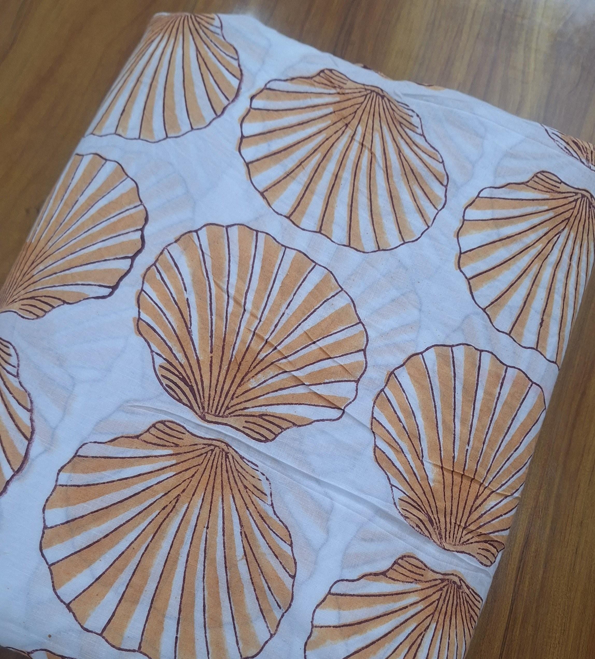 Hand Block Print Cotton Fabric, Beige Seashell Pattern, Soft Lightweight Cotton Cloth, Coastal Beach Fabric by the Yard, Ocean Theme Textile