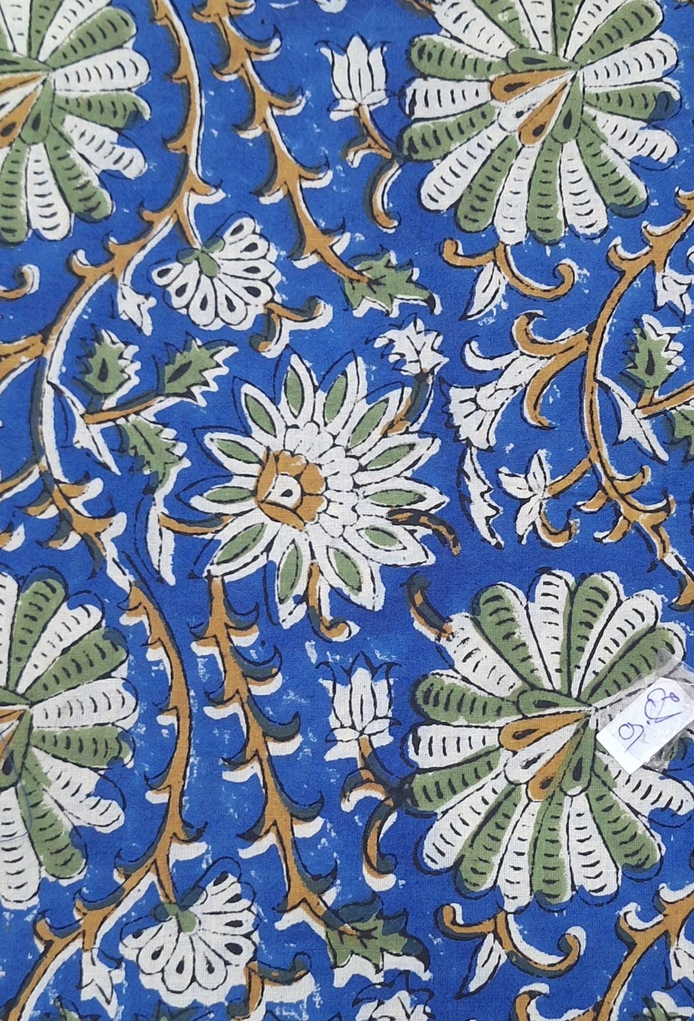 Blue Floral Cotton Fabric | Hand Block Print Style Fabric | Indian Floral Textile | Vintage Botanical Print | Dressmaking & Home Decor