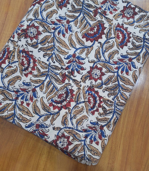 Beige Floral Cotton Fabric | Indian Block Print Fabric | Boho Botanical Textile | Red Blue Floral Pattern | Vintage Style Sewing Fabric