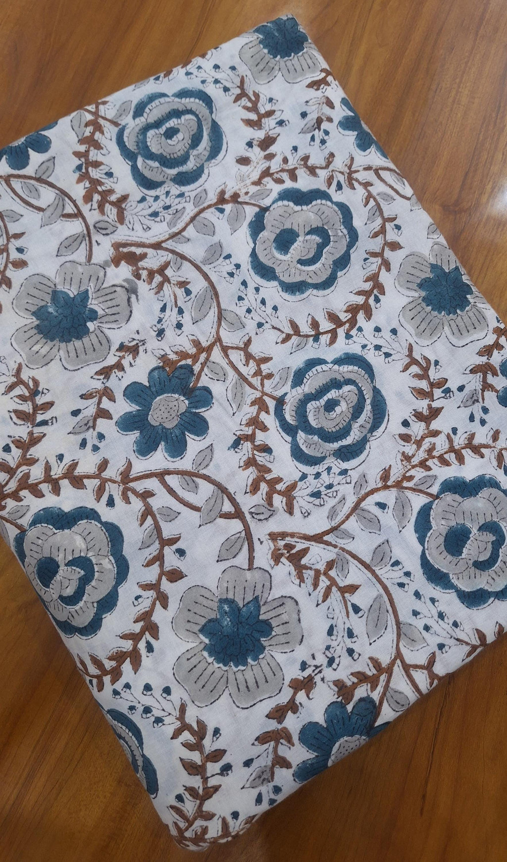Blue Floral Cotton Fabric, Hand Block Print Style Fabric, Vintage Botanical Print, Soft Lightweight Cotton Yardage, Sewing Quilting Fabric