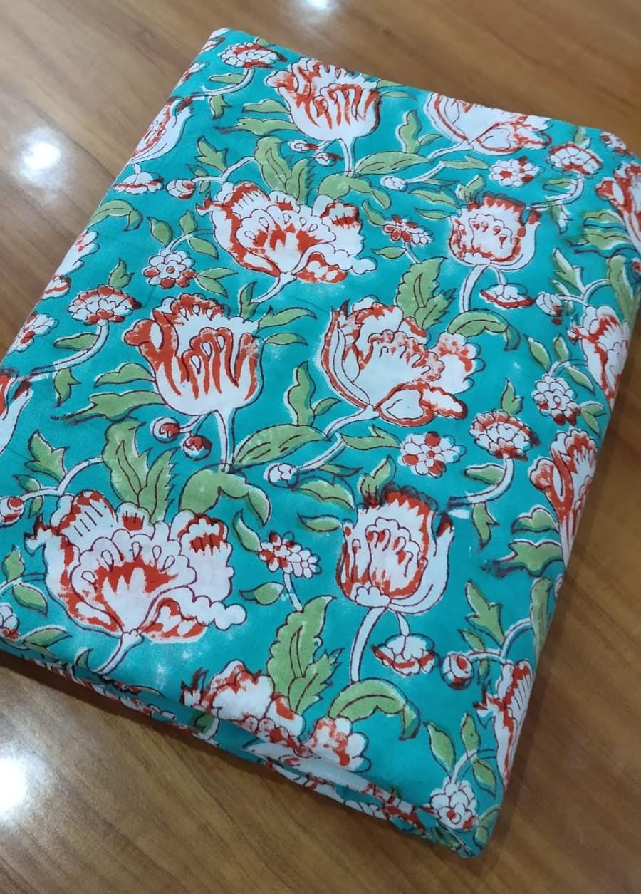 Handmade Hand Block Print Cotton Fabric by the Yard, Turquoise Floral Indian Cotton, Soft Summer Fabric for Dressmaking, Sewing, Curtains