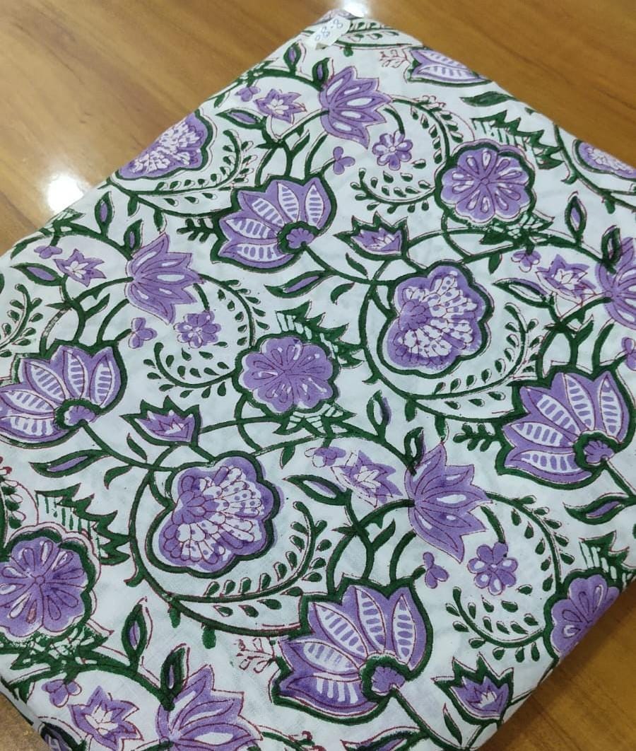 Handmade Purple Floral Hand Block Print Cotton Fabric by the Yard, Indian Lavender Flower Print, Soft Sewing Fabric for Dresses, Home Decor