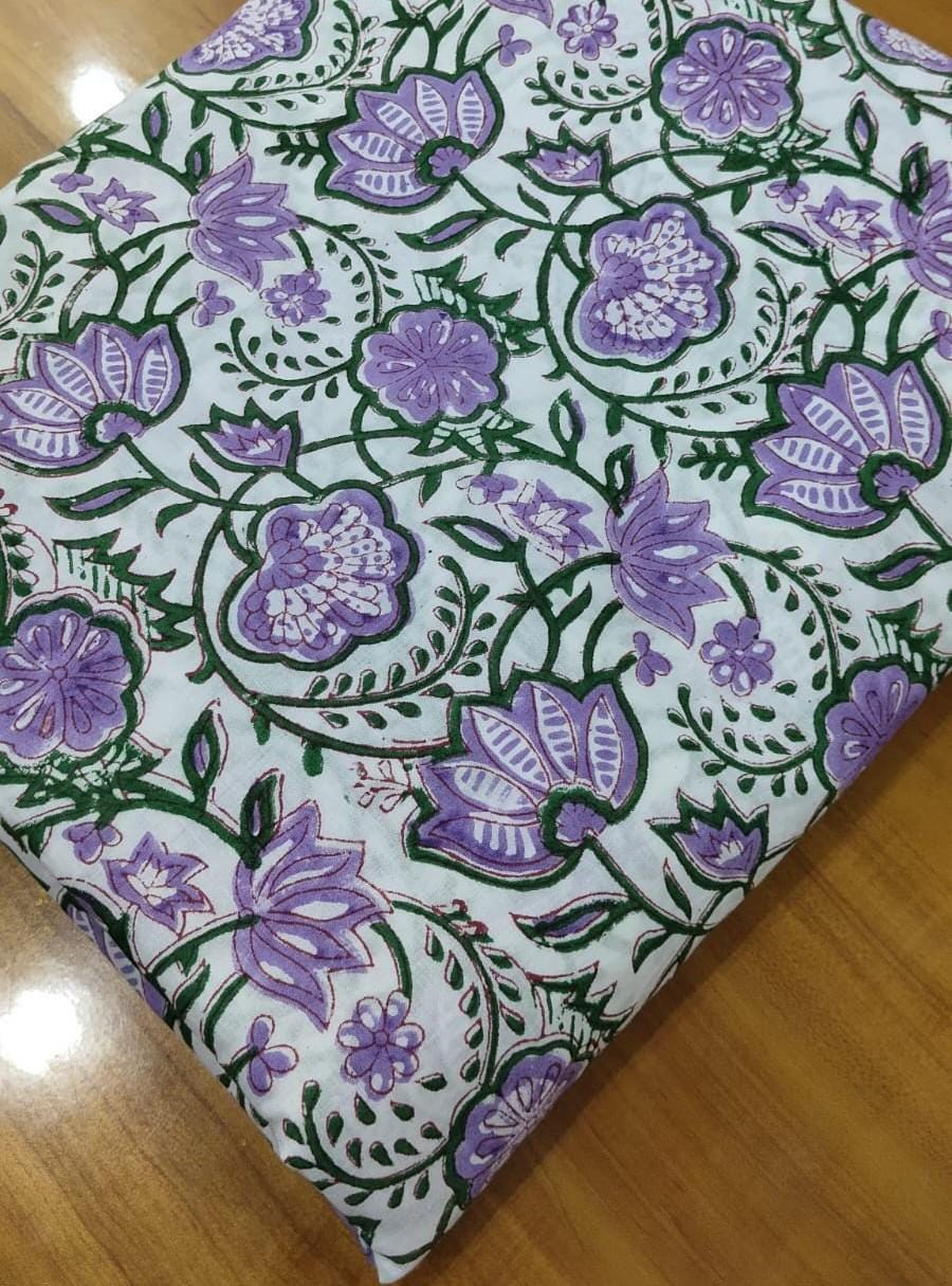 Handmade Purple Floral Hand Block Print Cotton Fabric by the Yard, Indian Lavender Flower Print, Soft Sewing Fabric for Dresses, Home Decor