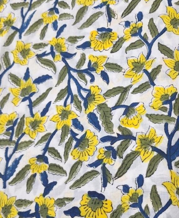 Yellow Floral Hand Block Print Cotton Fabric, Indian Cotton Fabric by Yard, Soft Summer Dress Fabric, Boho Floral Sewing Fabric, Napkins