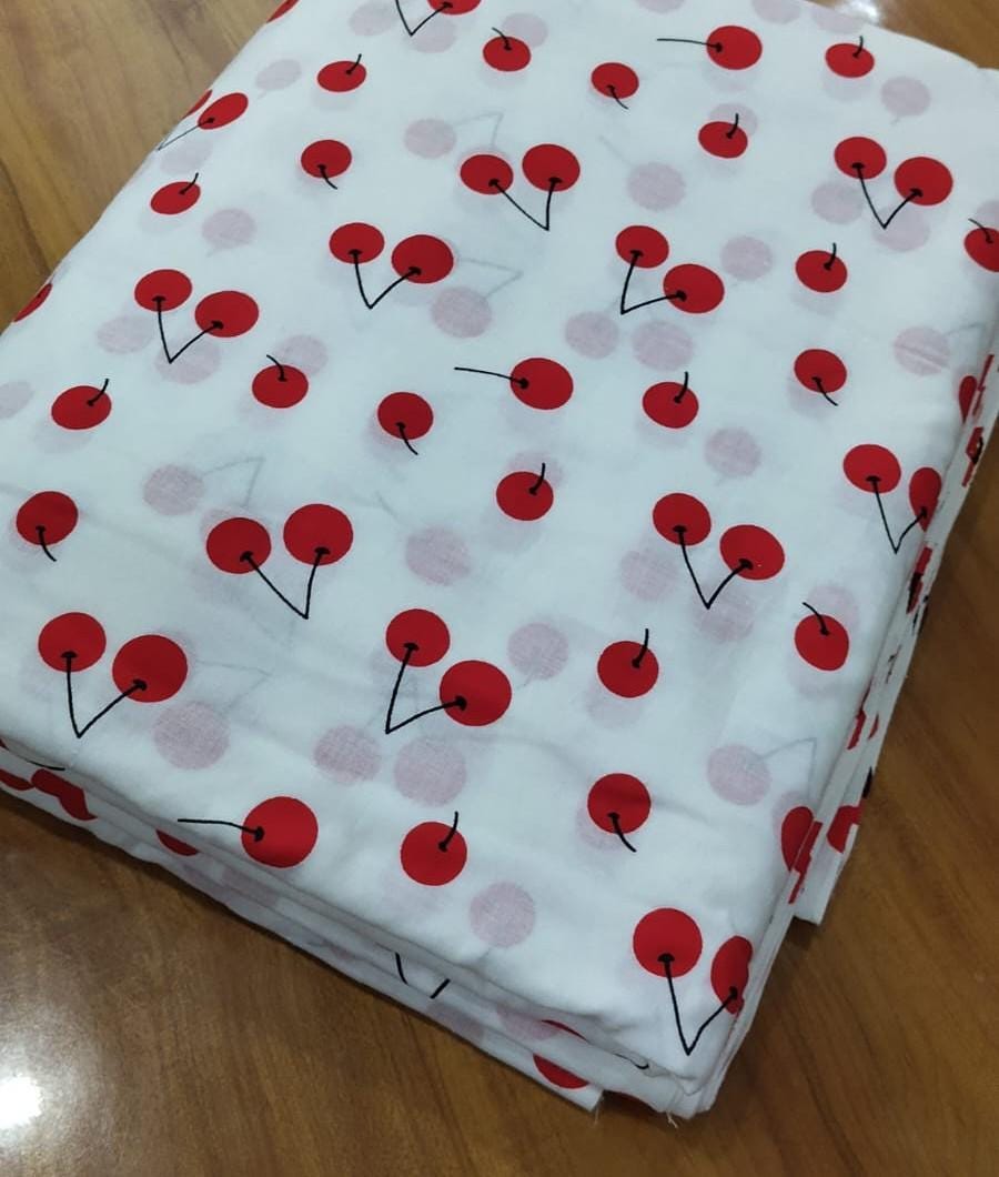 Cherry Print Cotton Fabric by Yard, Cute Red Cherry Pattern Fabric, Soft Cotton Fabric for Sewing, Summer Dress Fabric, Kids Fabric, Napkins
