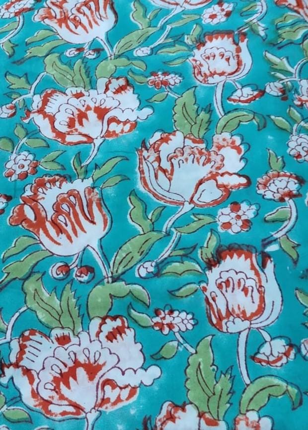 Handmade Hand Block Print Cotton Fabric by the Yard, Turquoise Floral Indian Cotton, Soft Summer Fabric for Dressmaking, Sewing, Curtains