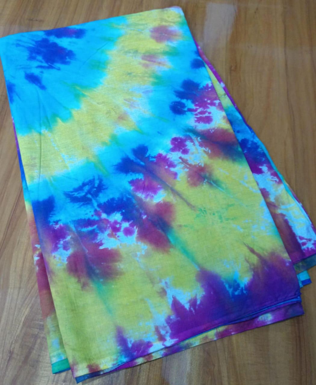 Tie Dye Cotton Fabric by the Yard, Colorful Shibori Print Textile, Bright Turquoise and Yellow Summer Fabric for Apparel, Festival Clothing