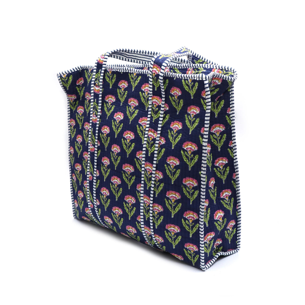Quilted Floral Tote Bag, Handmade Cotton Carryall, Large Reusable Shopping Bag, Blue Block Print Tote, Everyday Shoulder Bag, Gift for Her