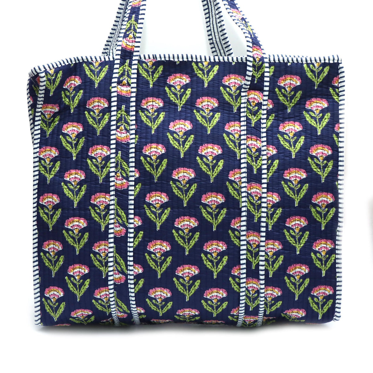 Quilted Floral Tote Bag, Handmade Cotton Carryall, Large Reusable Shopping Bag, Blue Block Print Tote, Everyday Shoulder Bag, Gift for Her