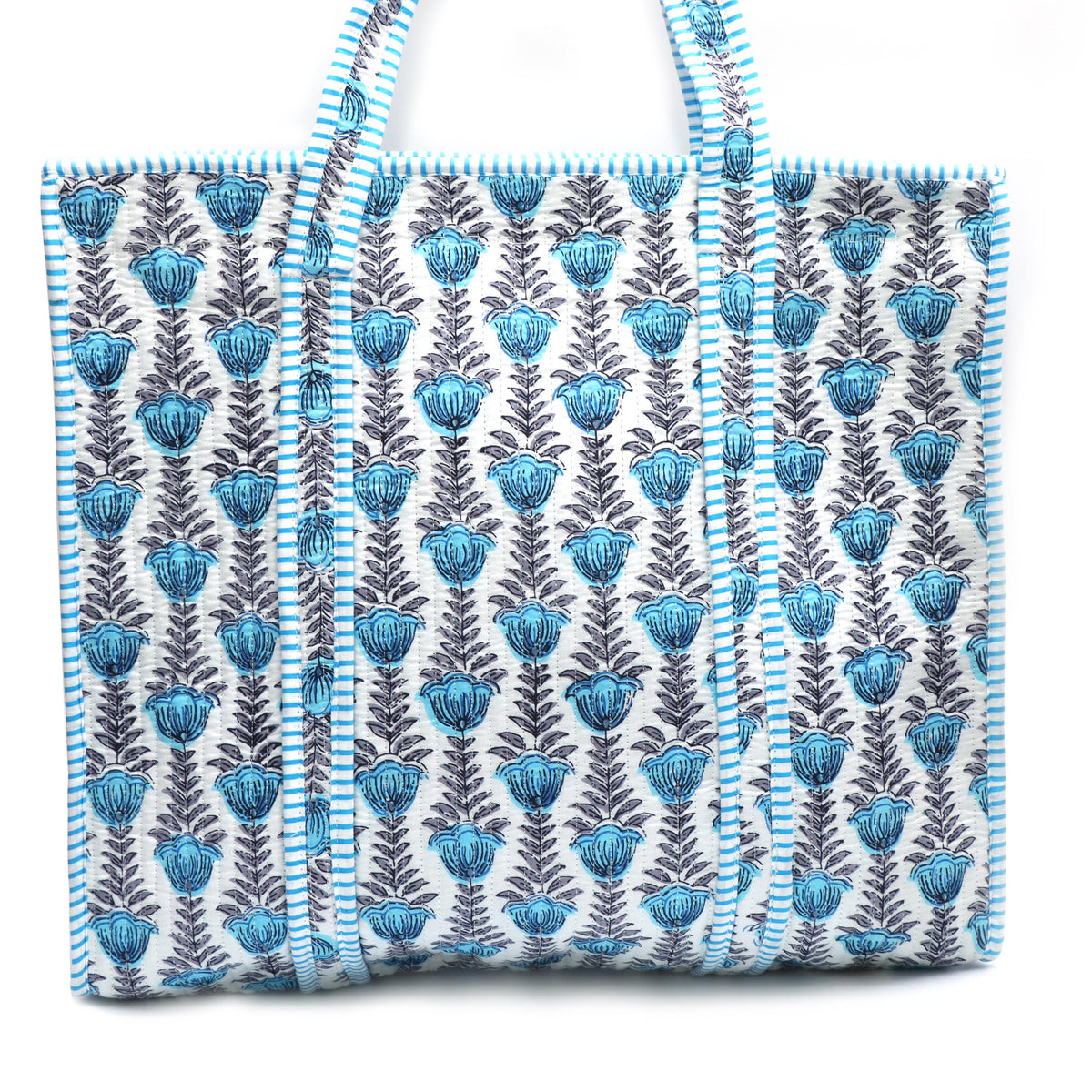 Blue Floral Quilted Tote Bag, Handmade Cotton Carryall, Block Print Shoulder Bag Large Reusable Market Tote Everyday Travel Bag Gift for Her