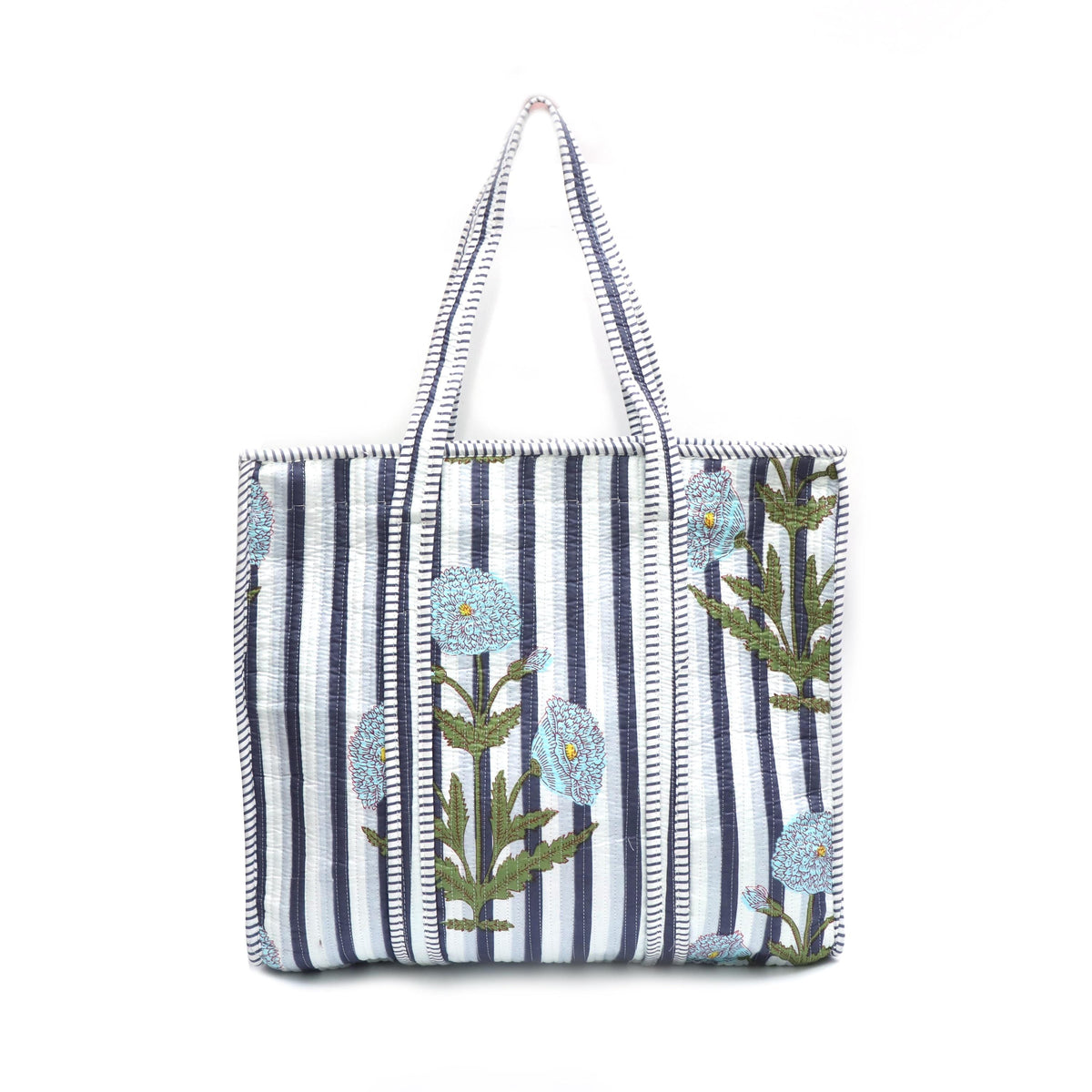 Striped Floral Quilted Tote Bag Handmade Cotton Carryall Blue White Block Print Shoulder Bag Large Reusable Market Tote Everyday Travel Bag