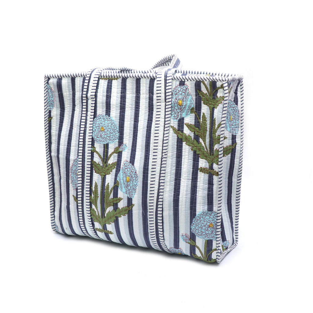 Striped Floral Quilted Tote Bag Handmade Cotton Carryall Blue White Block Print Shoulder Bag Large Reusable Market Tote Everyday Travel Bag