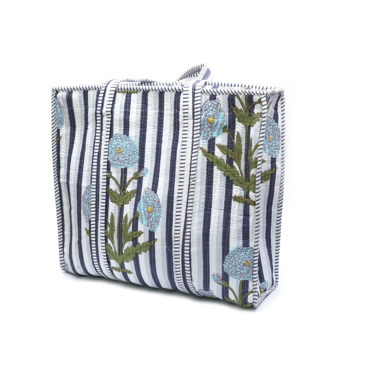 Striped Floral Quilted Tote Bag Handmade Cotton Carryall Blue White Block Print Shoulder Bag Large Reusable Market Tote Everyday Travel Bag