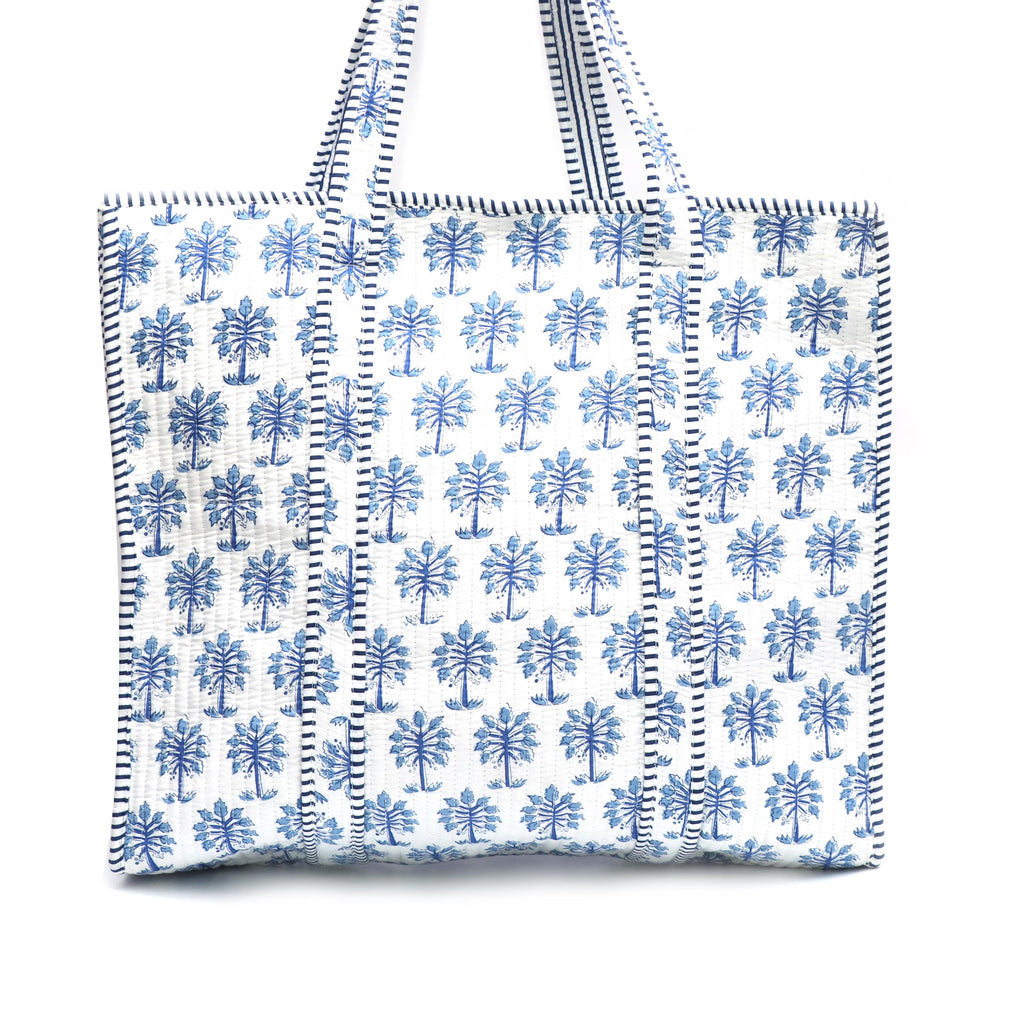Quilted Cotton Tote Bag, Blue Palm Print Shoulder Bag, Lightweight Beach Tote, Reusable Shopping Bag, Handmade Fabric Quilted Cotton Bags