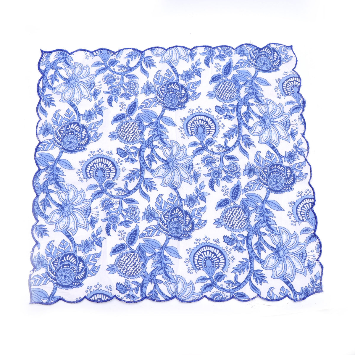 Designer Scalloped Napkin, Embroidered Trim Cotton Dinner Napkins Set, Blue Floral Cloth Napkins, Dinner Napkins, Scalloped Edge Napkins