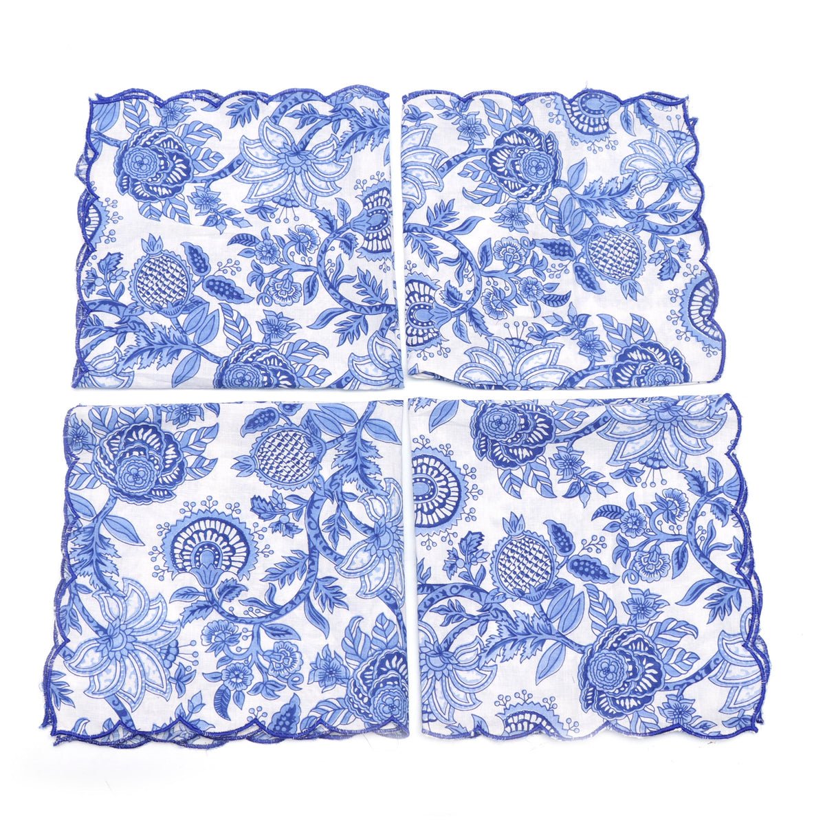 Designer Scalloped Napkin, Embroidered Trim Cotton Dinner Napkins Set, Blue Floral Cloth Napkins, Dinner Napkins, Scalloped Edge Napkins