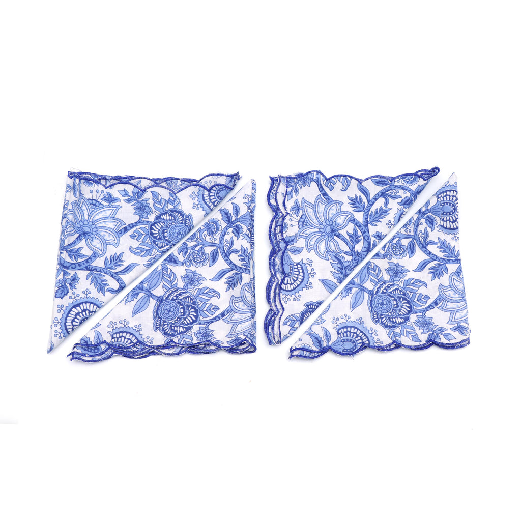 Designer Scalloped Napkin, Embroidered Trim Cotton Dinner Napkins Set, Blue Floral Cloth Napkins, Dinner Napkins, Scalloped Edge Napkins