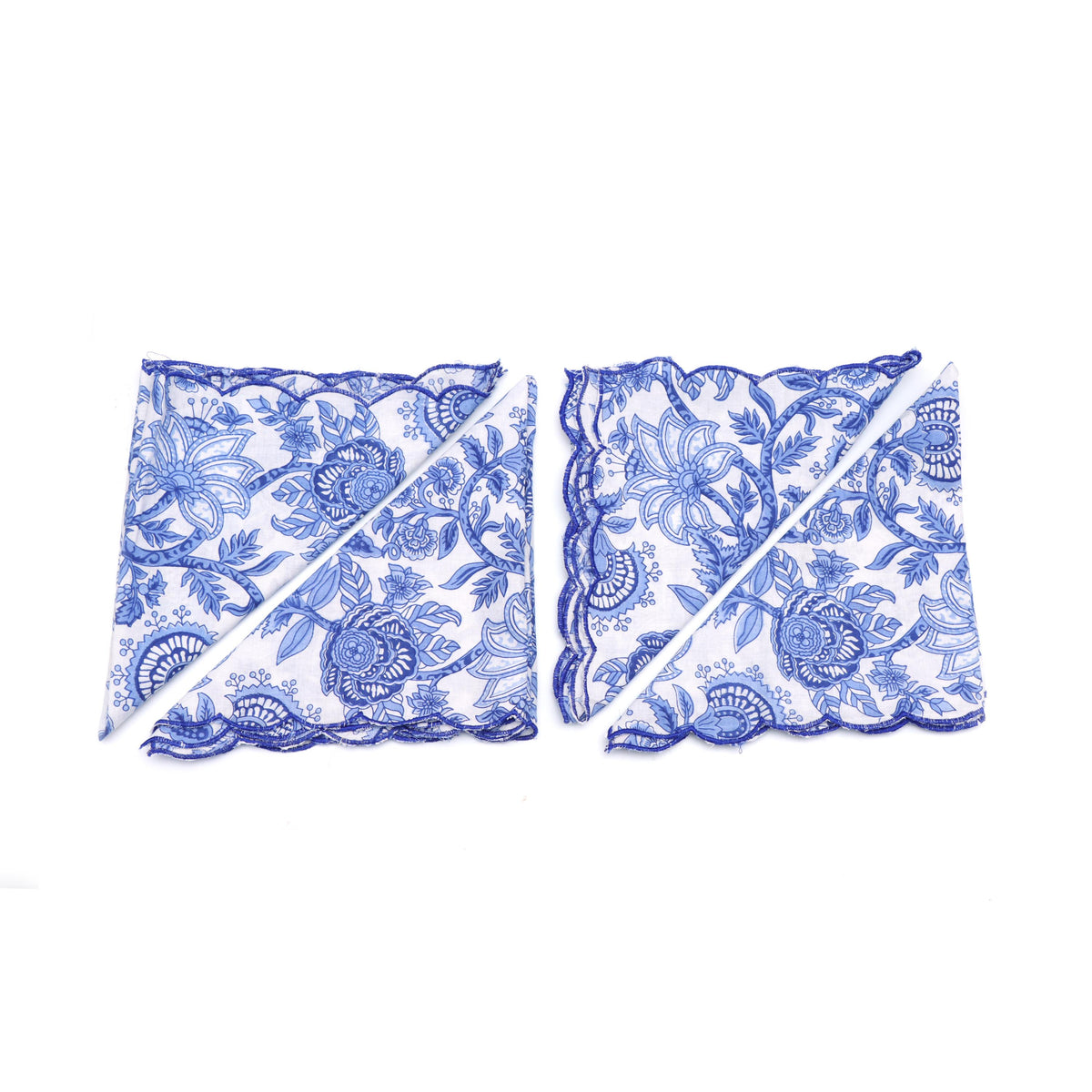 Designer Scalloped Napkin, Embroidered Trim Cotton Dinner Napkins Set, Blue Floral Cloth Napkins, Dinner Napkins, Scalloped Edge Napkins