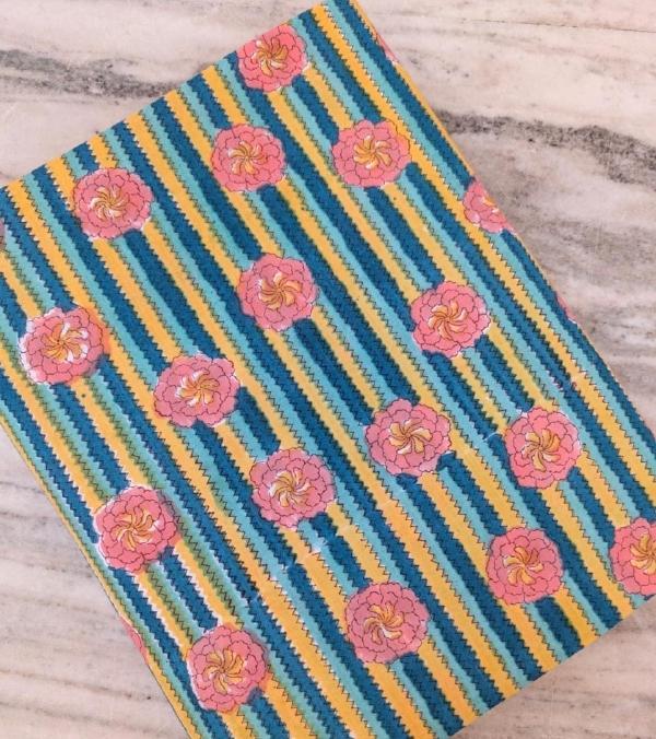 Floral Stripe Cotton Fabric Pink Flower Print on Blue Yellow Stripes Retro Style Quilting Fabric Vintage Inspired Cotton Fabric by the Yard