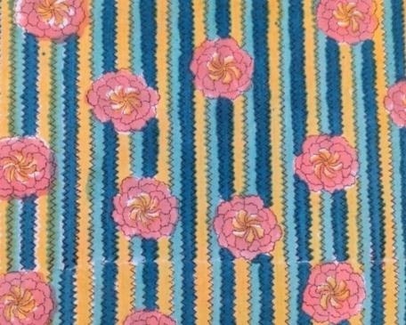 Floral Stripe Cotton Fabric Pink Flower Print on Blue Yellow Stripes Retro Style Quilting Fabric Vintage Inspired Cotton Fabric by the Yard