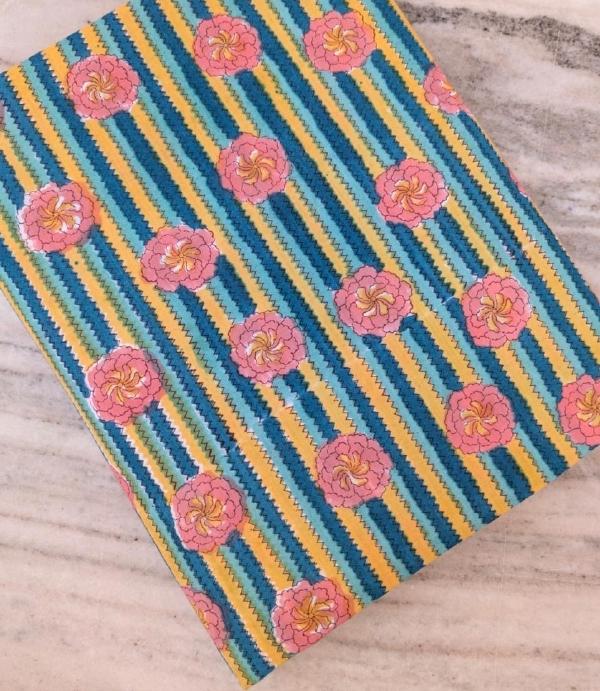 Floral Stripe Cotton Fabric Pink Flower Print on Blue Yellow Stripes Retro Style Quilting Fabric Vintage Inspired Cotton Fabric by the Yard