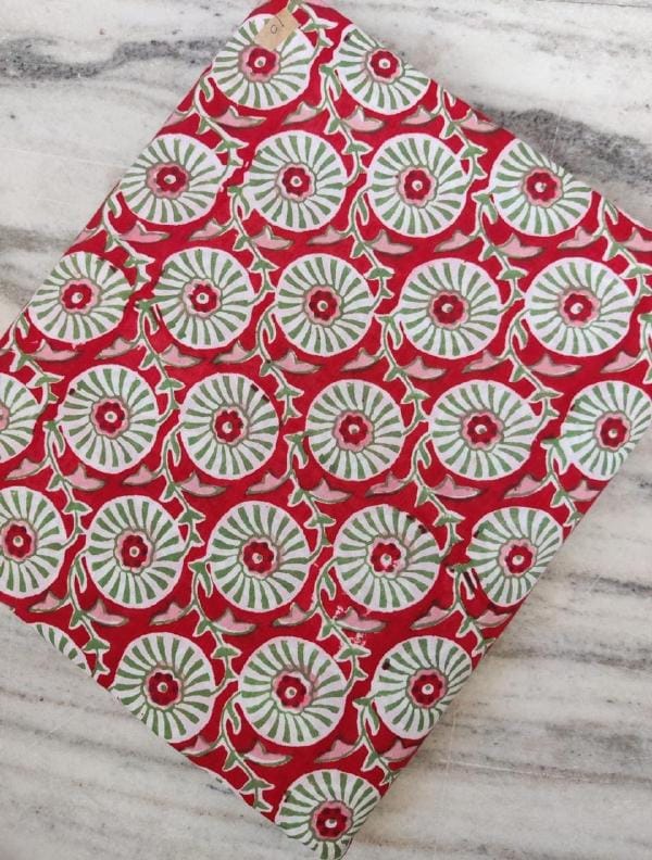 Red Floral Cotton Fabric, Hand Block Print Fabric, Indian Cotton Textile, Green White Flower Pattern, Sewing Craft Fabric, By the Yard
