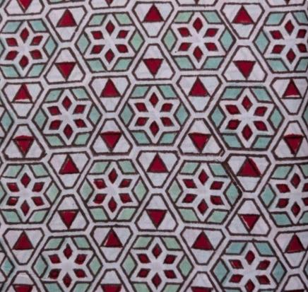 Geometric Cotton Fabric, Hexagon Block Print Fabric, Red Mint White Pattern, Indian Cotton Textile, Quilting Sewing Craft Fabric By the Yard