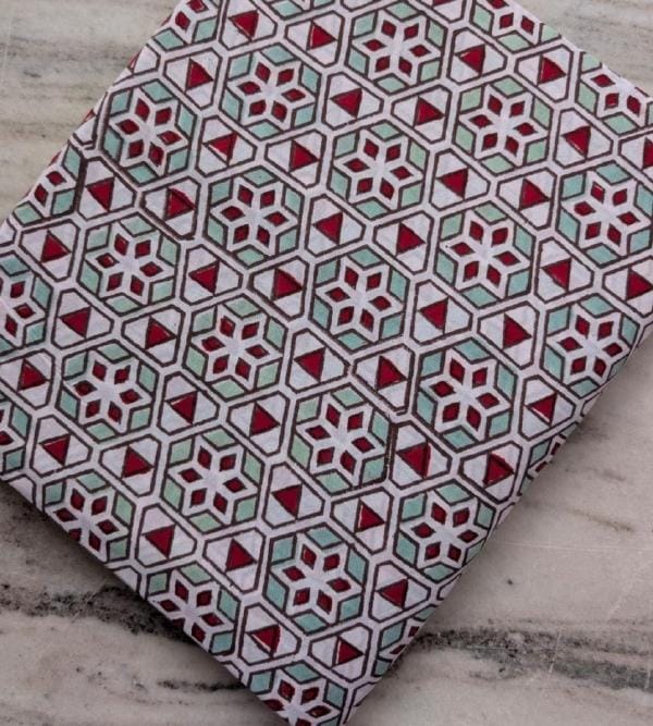 Geometric Cotton Fabric, Hexagon Block Print Fabric, Red Mint White Pattern, Indian Cotton Textile, Quilting Sewing Craft Fabric By the Yard