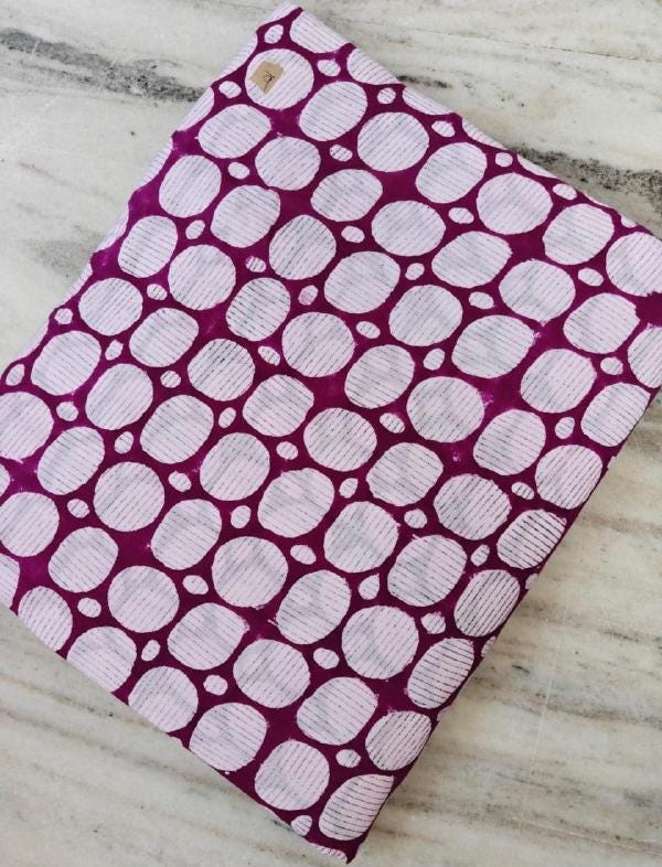Magenta Polka Dot Cotton Fabric, Hand Block Print Fabric, Indian Cotton Yardage, Geometric Circle Print Fabric, Sewing Quilting Craft Fabric