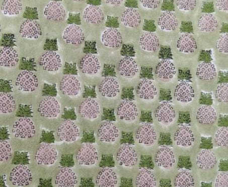 Green Pineapple Print Cotton Fabric, Hand Block Print Fabric, Tropical Fruit Fabric, Indian Cotton Yardage, Quilting Sewing Craft Fabric