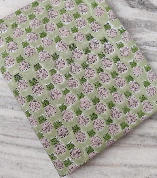 Green Pineapple Print Cotton Fabric, Hand Block Print Fabric, Tropical Fruit Fabric, Indian Cotton Yardage, Quilting Sewing Craft Fabric