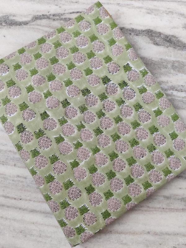 Green Pineapple Print Cotton Fabric, Hand Block Print Fabric, Tropical Fruit Fabric, Indian Cotton Yardage, Quilting Sewing Craft Fabric