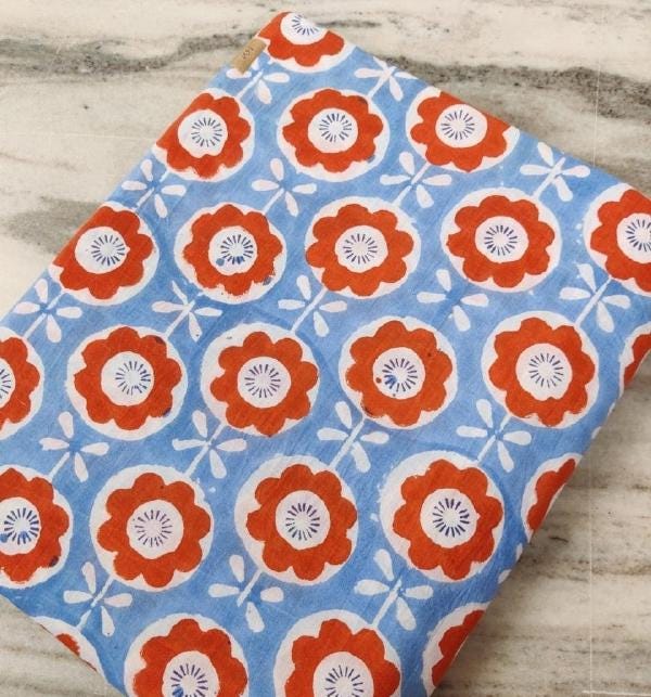 Retro Floral Cotton Fabric, Blue Red Flower Print Fabric, Vintage Style Cotton, Quilting Fabric, Dressmaking Material, Fabric By The Yard