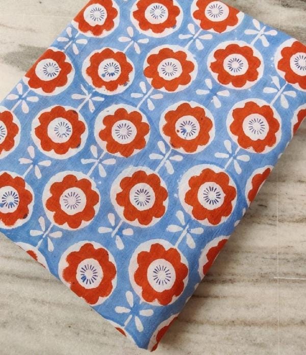 Retro Floral Cotton Fabric, Blue Red Flower Print Fabric, Vintage Style Cotton, Quilting Fabric, Dressmaking Material, Fabric By The Yard