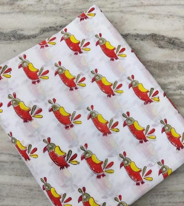 Cute Bird Print Cotton Fabric, Red Yellow Parrot Fabric, Animal Print Cotton, Quilting Fabric, Kids Fabric, Craft Sewing Fabric by The Yard