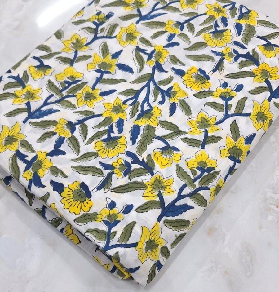 Yellow Floral Hand Block Print Cotton Fabric, Indian Cotton Fabric by Yard, Soft Summer Dress Fabric, Boho Floral Sewing Fabric, Napkins