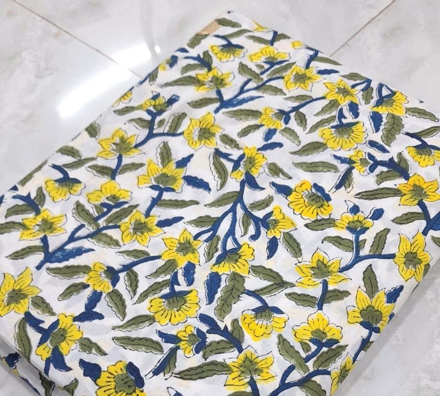 Yellow Floral Hand Block Print Cotton Fabric, Indian Cotton Fabric by Yard, Soft Summer Dress Fabric, Boho Floral Sewing Fabric, Napkins