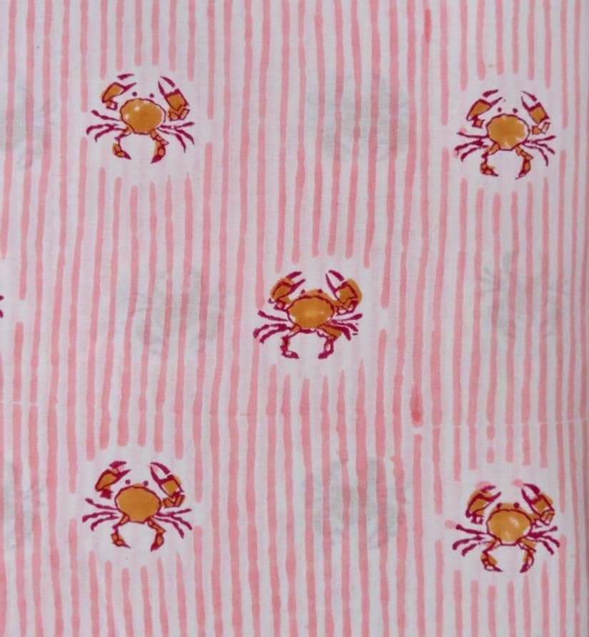 Pink Crab Print Cotton Fabric by Yard, Striped Cotton Fabric, Beach Theme Fabric, Nautical Fabric, Soft Cotton Material for Sewing Quilting