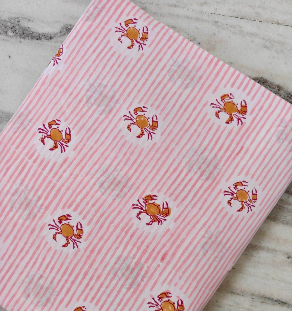 Pink Crab Print Cotton Fabric by Yard, Striped Cotton Fabric, Beach Theme Fabric, Nautical Fabric, Soft Cotton Material for Sewing Quilting