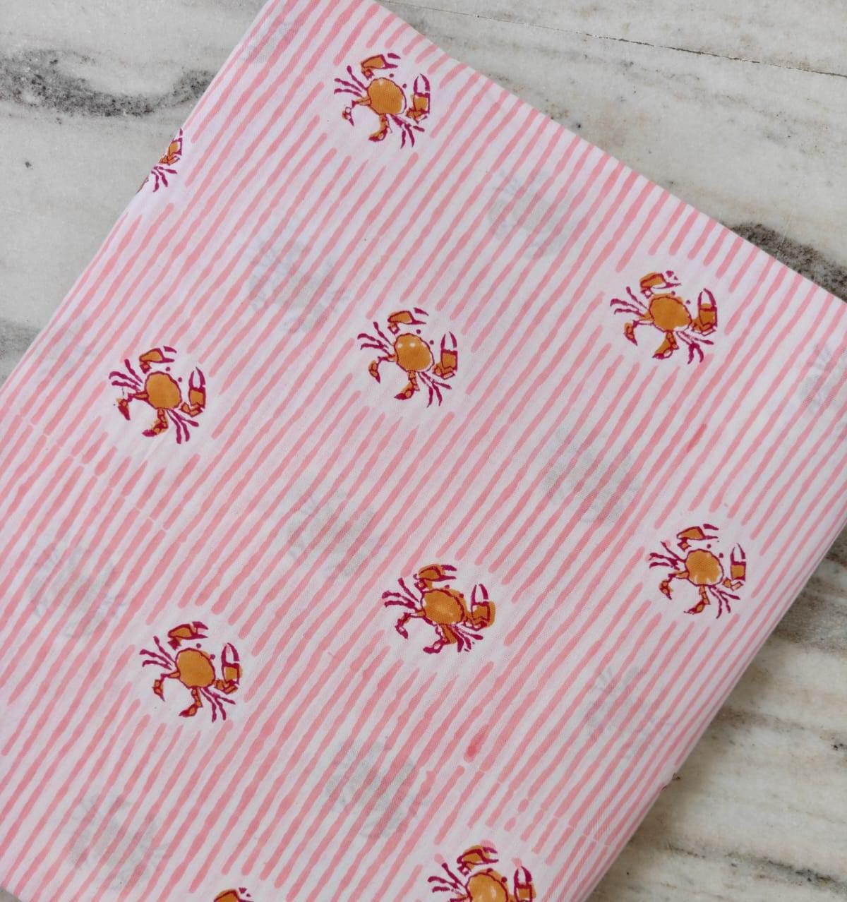 Pink Crab Print Cotton Fabric by Yard, Striped Cotton Fabric, Beach Theme Fabric, Nautical Fabric, Soft Cotton Material for Sewing Quilting