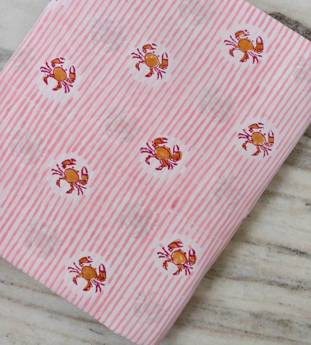 Pink Crab Print Cotton Fabric by Yard, Striped Cotton Fabric, Beach Theme Fabric, Nautical Fabric, Soft Cotton Material for Sewing Quilting