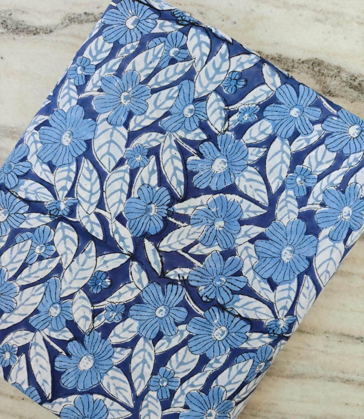 Blue Floral Cotton Fabric by Yard Hand Block Print Fabric Indian Cotton Fabric Flower Print Fabric for Sewing Quilting Dresses Craft Fabric
